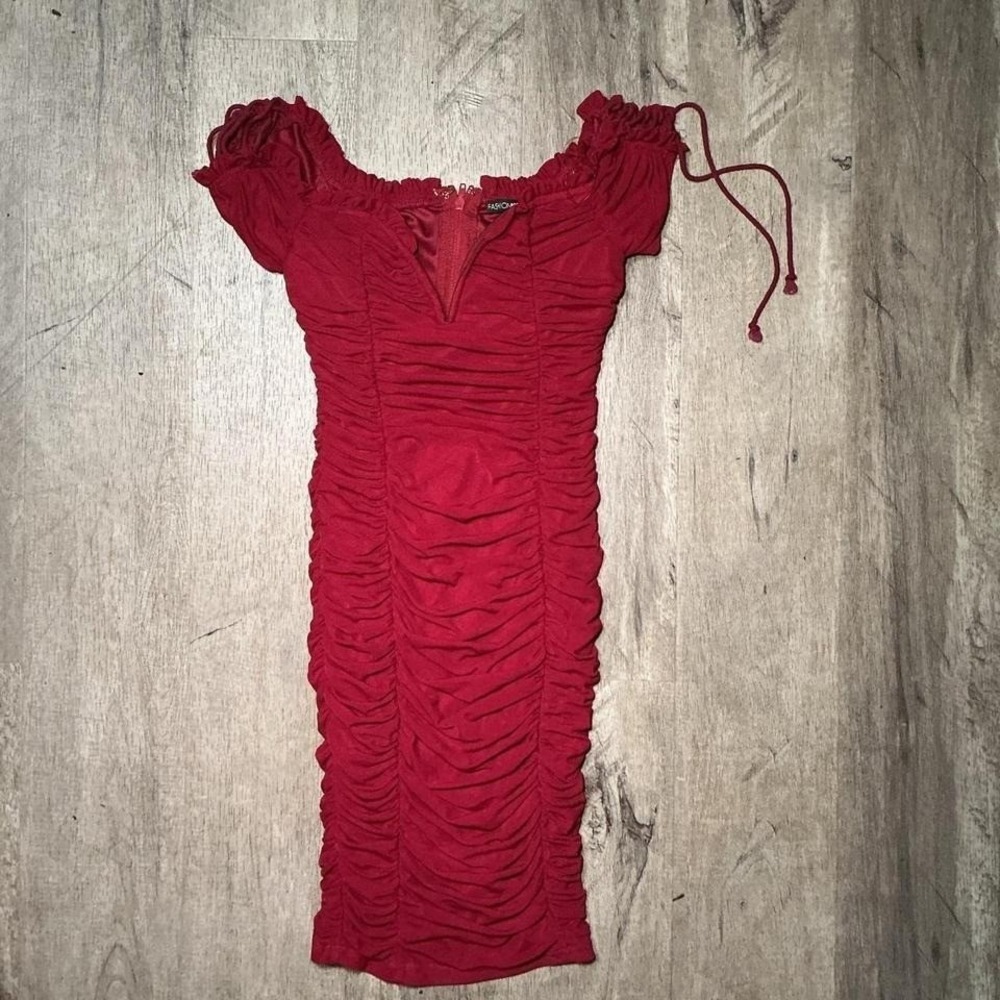 Fashion Nova Red Ruched Mini Dress Tie Back Size S Going Out Bodycon